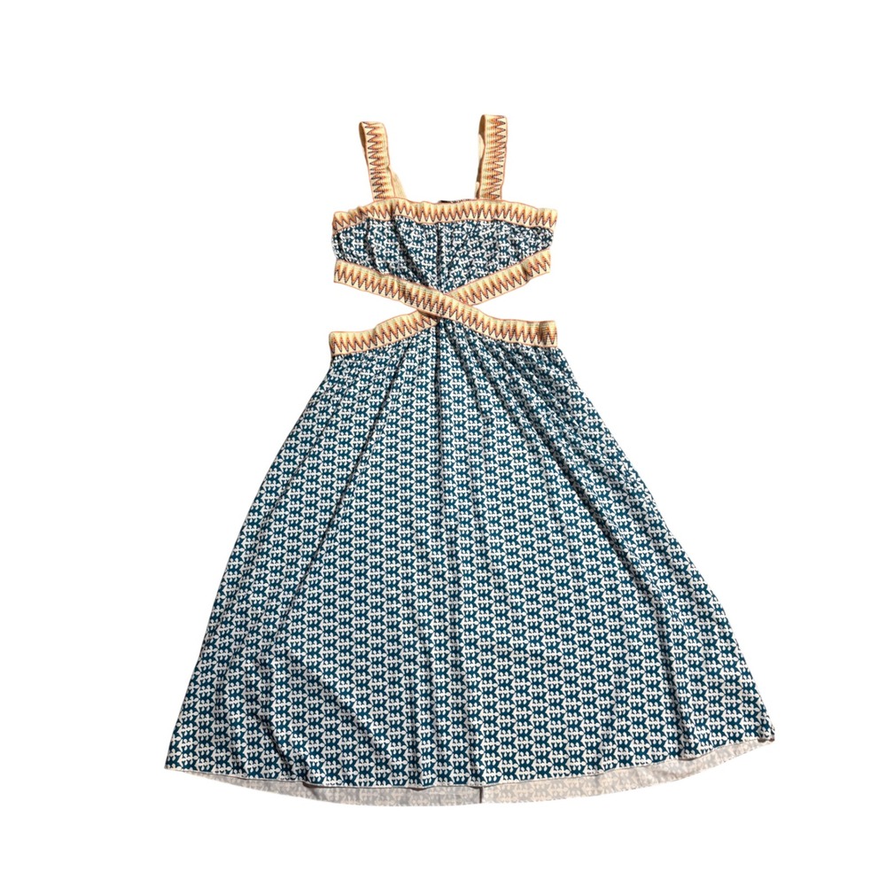 Blue Geometric Cutout Maxi Dress Zigzag Trim Boho Summer 3XL